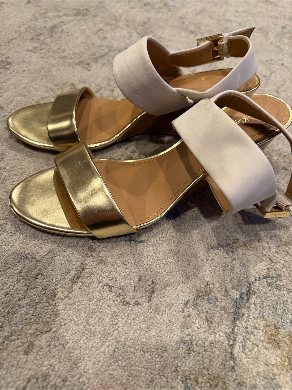Calvin Klein Gold and Cream Pearla Block-Heel Ankle-Strap Sandals size 8.5